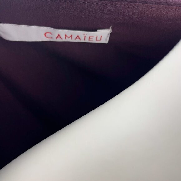 CAMAIEU French Satin Ruched Gatered Waist Long sleeves Eggplant Mini Dress sz 36 - Picture 6 of 7